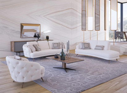 White Upholstered furniture Living room Set 4-piece Modern 2x three-seater sofa design armchair